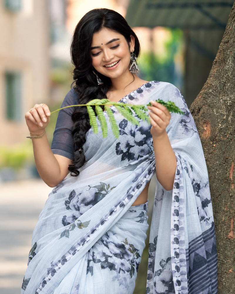 Ice Blue Dramatic Charcoal Peony Linen Saree
