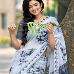 Ice Blue Dramatic Charcoal Peony Linen Saree