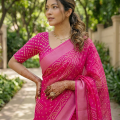 Rani Pink Bandhani Wave Chanderi Saree