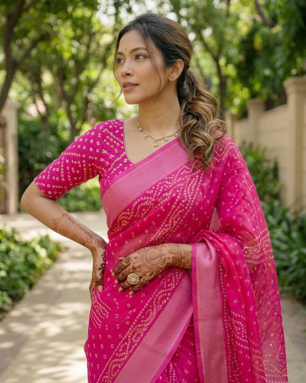Rani Pink Bandhani Wave Chanderi Saree