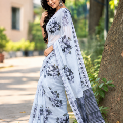 Ice Blue Dramatic Charcoal Peony Linen Saree