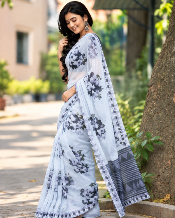 Ice Blue Dramatic Charcoal Peony Linen Saree