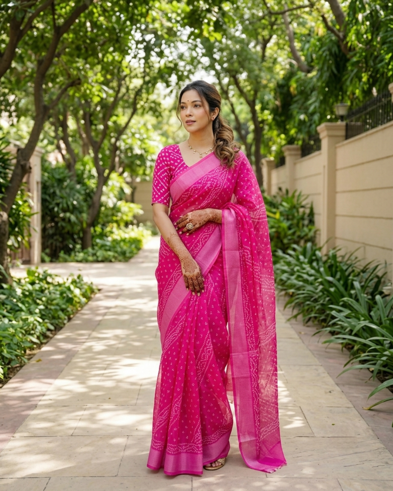 Rani Pink Bandhani Wave Chanderi Saree