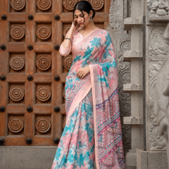 Turquoise Aqua & Peach Floral Geometric Linen Saree