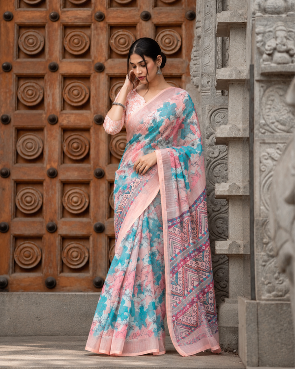 Turquoise Aqua & Peach Floral Geometric Linen Saree