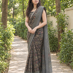 Charcoal Kalamkari Miniature Art Chanderi Saree