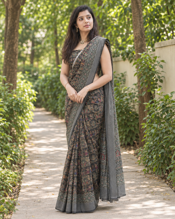 Charcoal Kalamkari Miniature Art Chanderi Saree