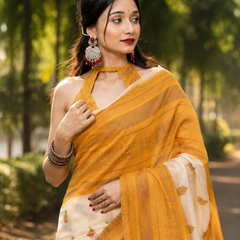 Ivory Mustard Chanderi Zari Saree