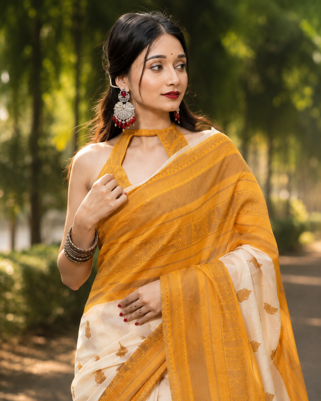 Ivory Mustard Chanderi Zari Saree