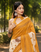 Ivory Mustard Chanderi Zari Saree