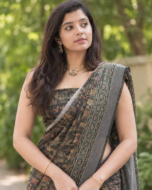 Charcoal Kalamkari Miniature Art Chanderi Saree