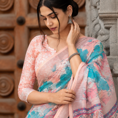 Turquoise Aqua & Peach Floral Geometric Linen Saree