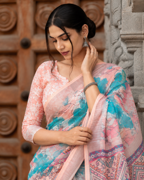 Turquoise Aqua & Peach Floral Geometric Linen Saree