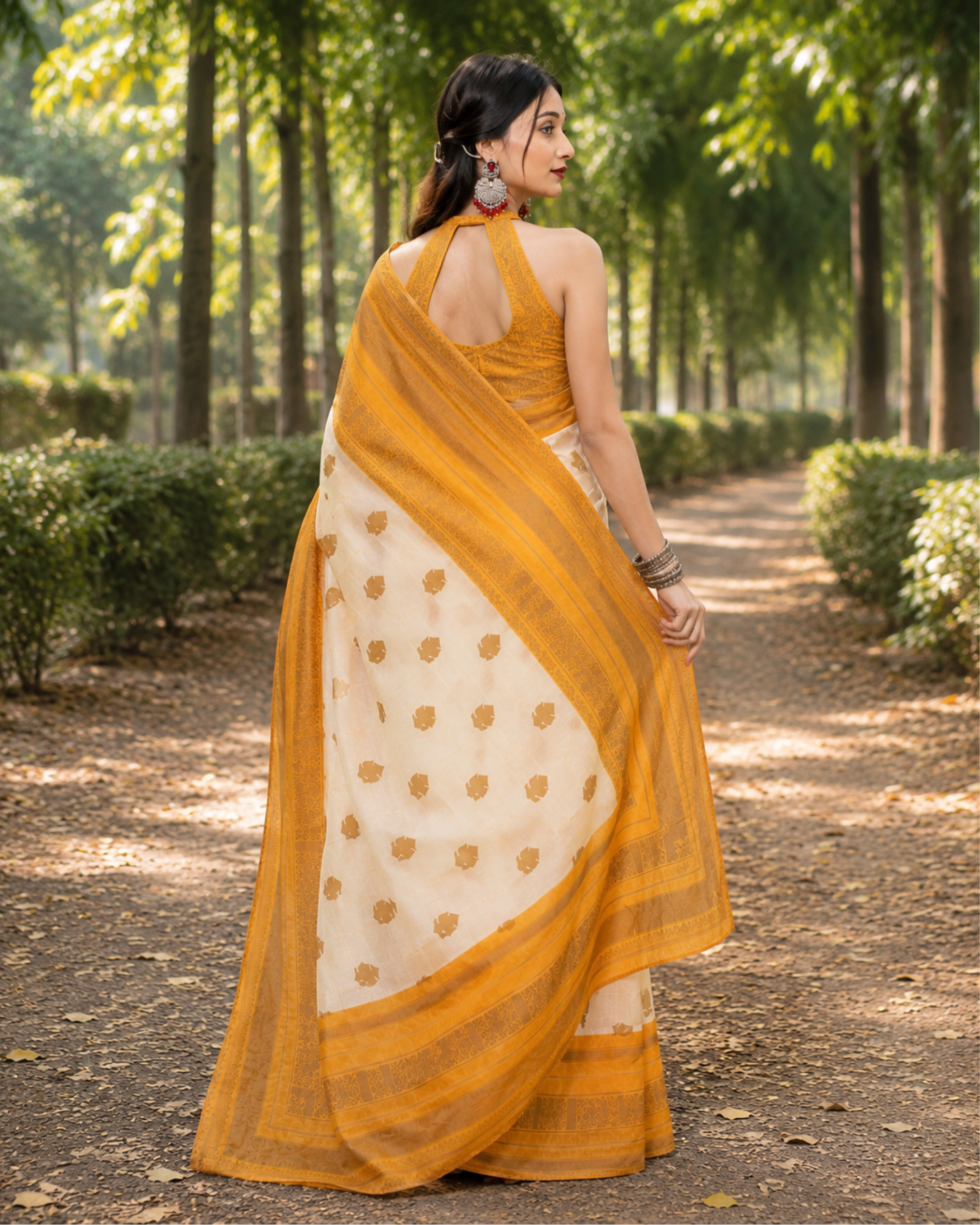 Ivory Mustard Chanderi Zari Saree