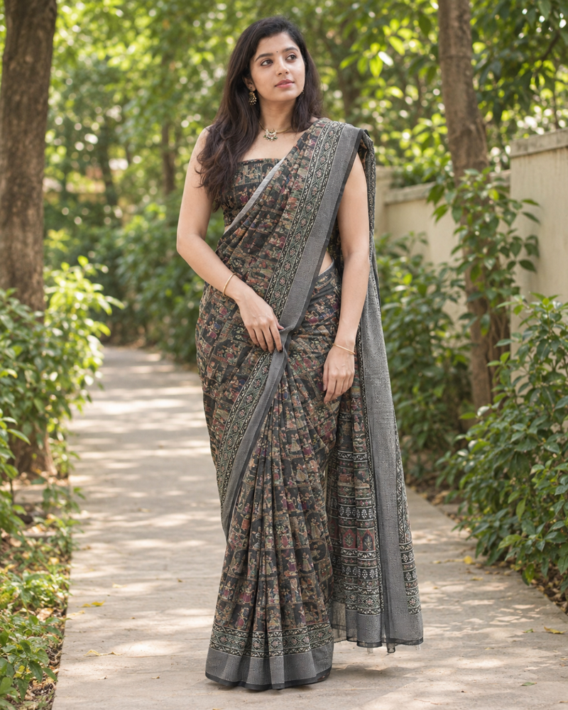 Charcoal Kalamkari Miniature Art Chanderi Saree