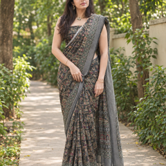 Charcoal Kalamkari Miniature Art Chanderi Saree