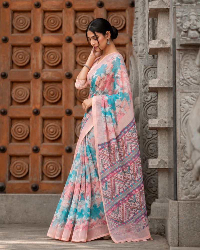 Turquoise Aqua & Peach Floral Geometric Linen Saree