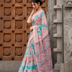 Turquoise Aqua & Peach Floral Geometric Linen Saree