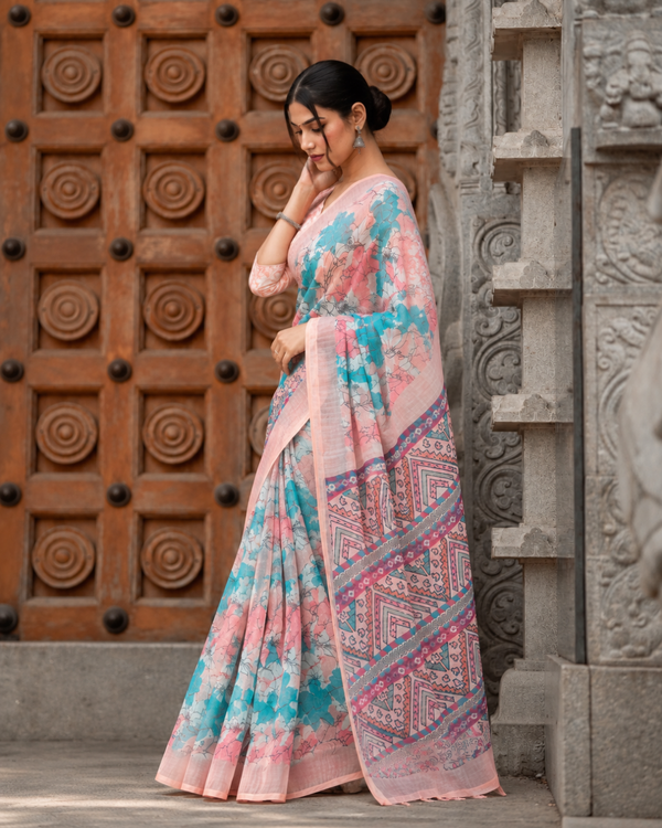 Turquoise Aqua & Peach Floral Geometric Linen Saree