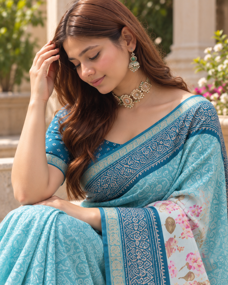 Sky Blue Floral Botanical Border Premium Silk Saree