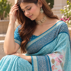Sky Blue Floral Botanical Border Premium Silk Saree