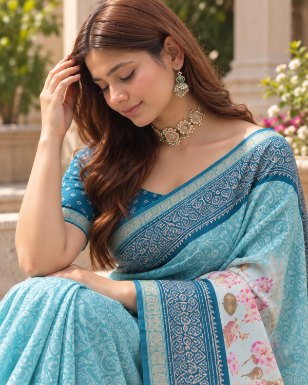 Sky Blue Floral Botanical Border Premium Silk Saree