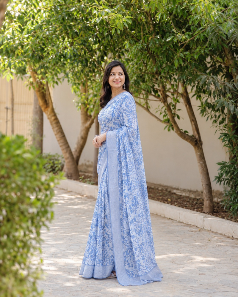 French Blue Floral Jaal Chanderi Saree