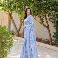 French Blue Floral Jaal Chanderi Saree