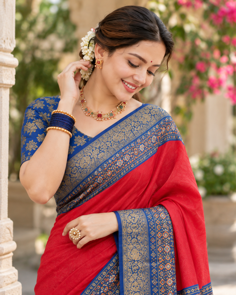 Crimson Red Patola & Brocade Contrast Premium Silk Saree