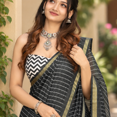 Midnight Black Leheriya Zari Chanderi Saree