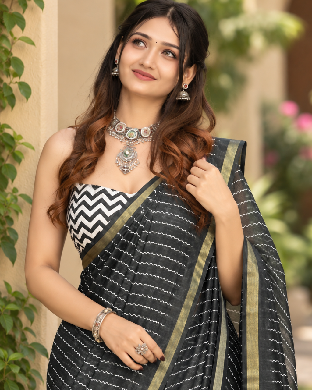 Midnight Black Leheriya Zari Chanderi Saree