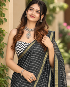 Midnight Black Leheriya Zari Chanderi Saree