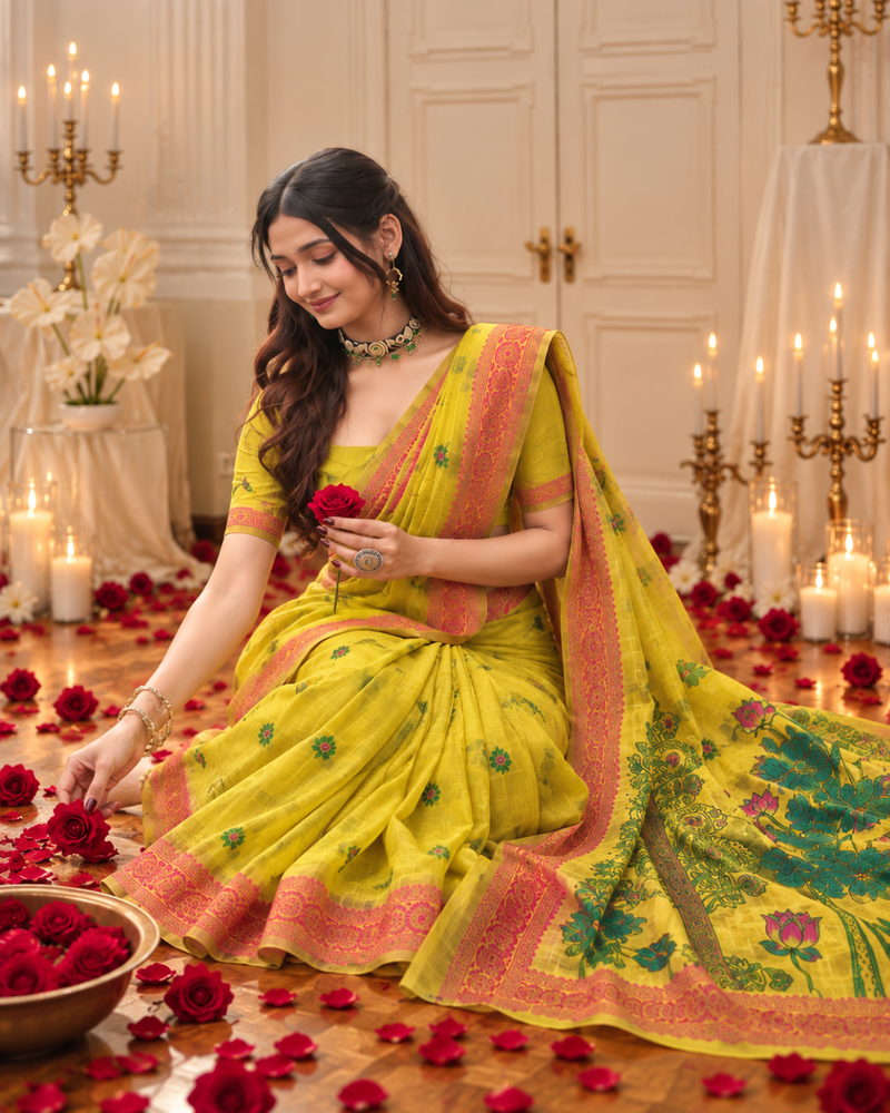 Lime Yellow Lotus Pallu Jamdani Cotton Saree