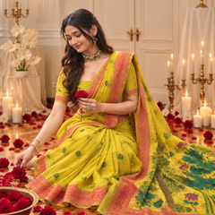 Lime Yellow Lotus Pallu Jamdani Cotton Saree