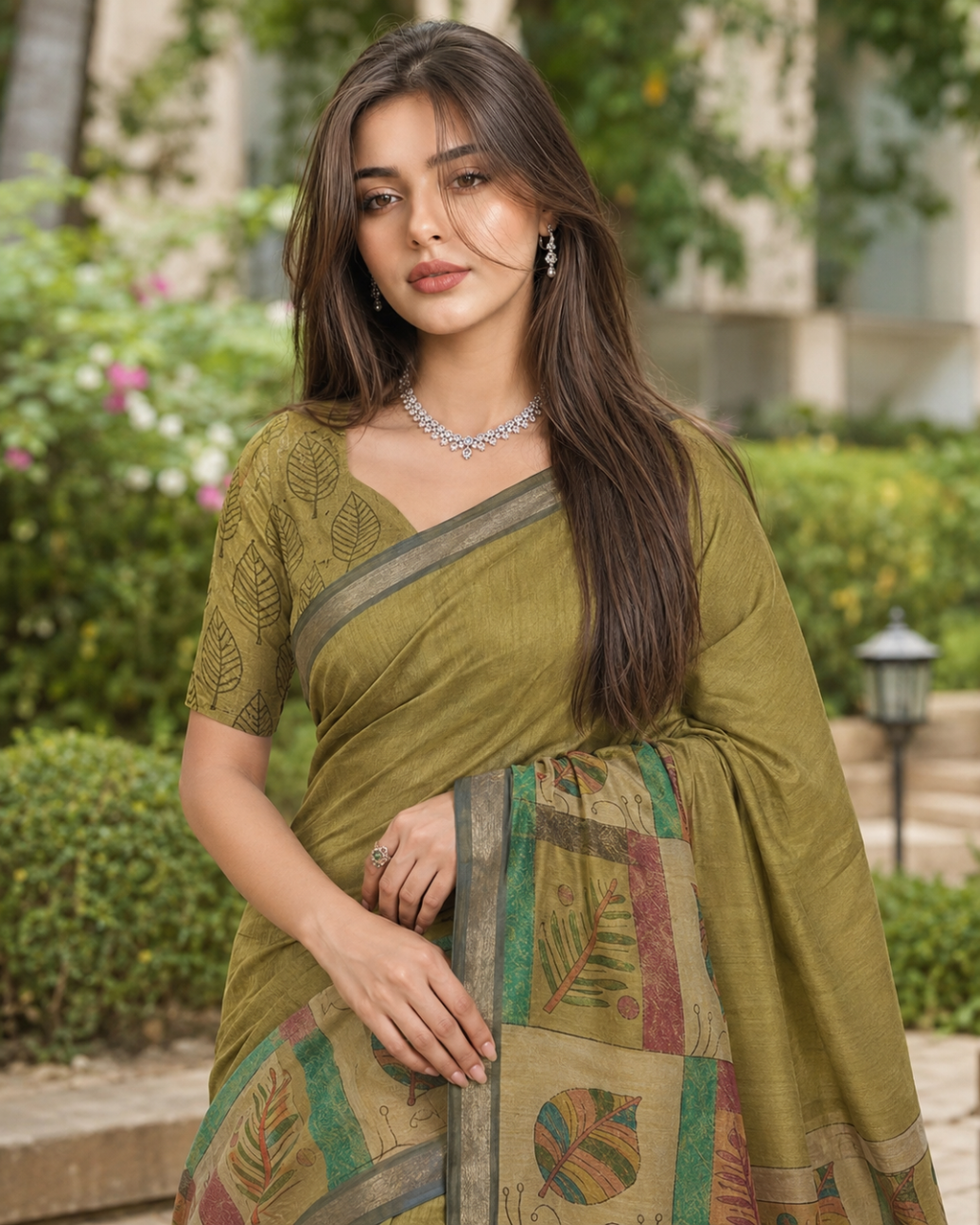 Olive Moss Green Folk Botanical Tile Premium Silk Saree