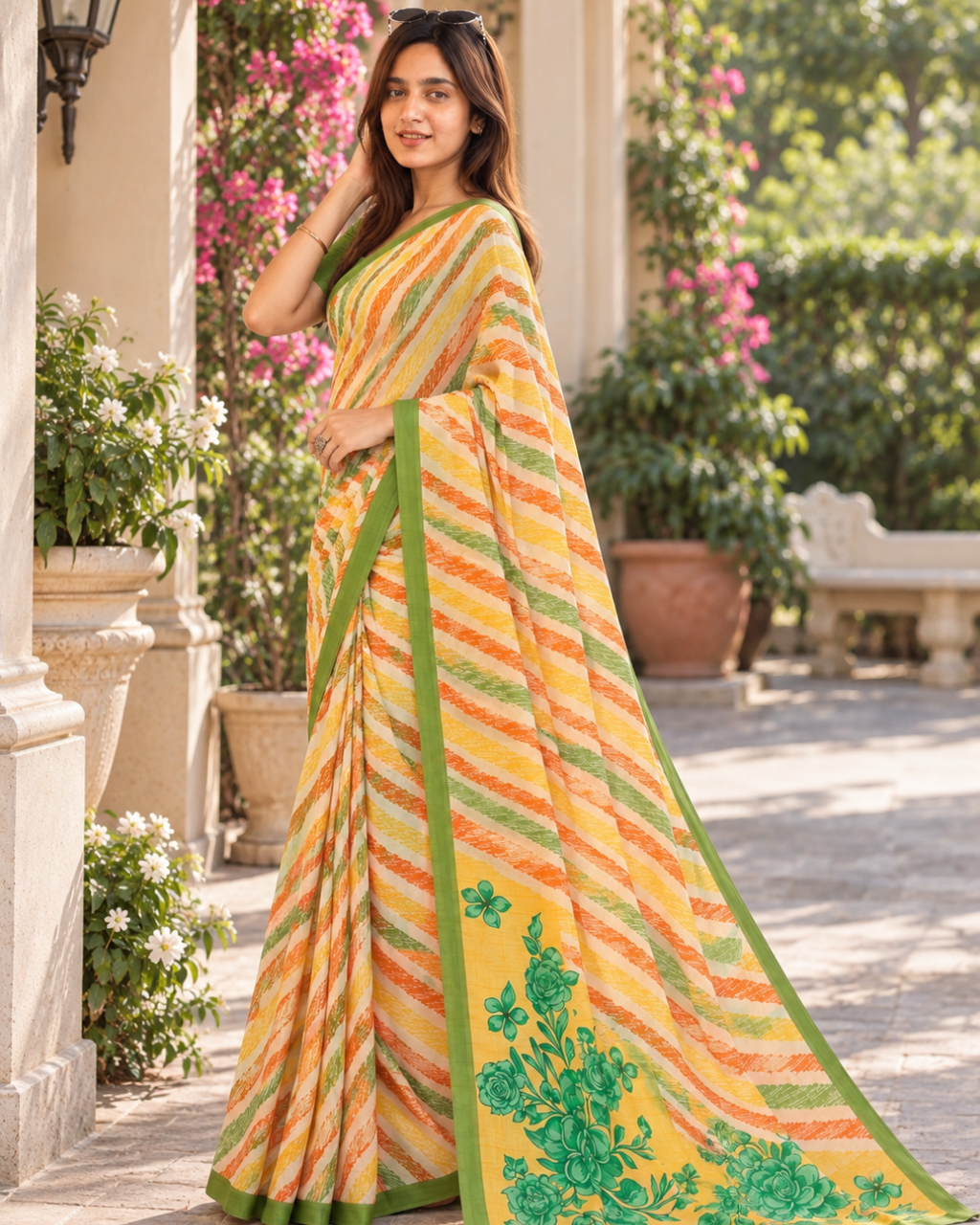 Sunshine Tricolor Leheriya Rose Saree