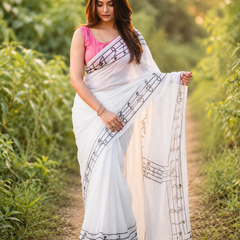 White Musical Notes Print Chanderi Saree