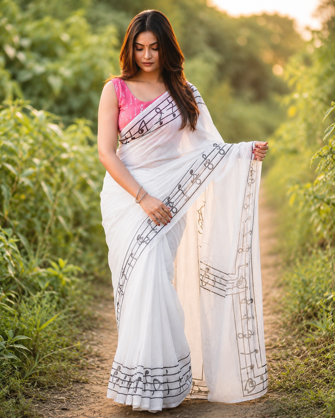 White Musical Notes Print Chanderi Saree