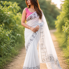 White Musical Notes Print Chanderi Saree