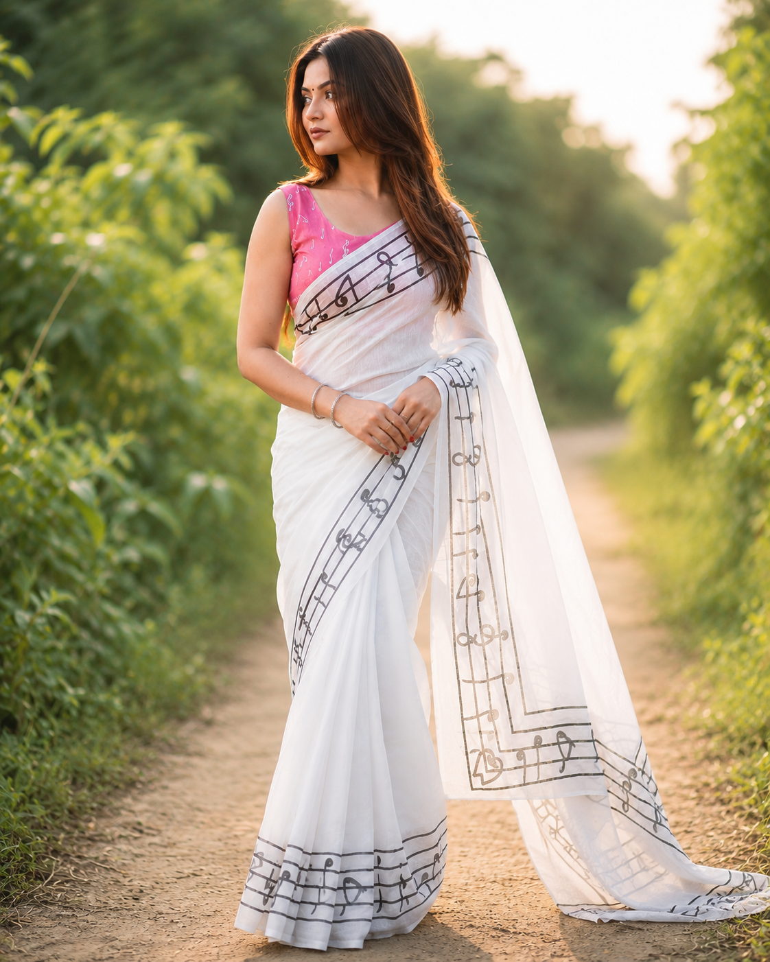 White Musical Notes Print Chanderi Saree