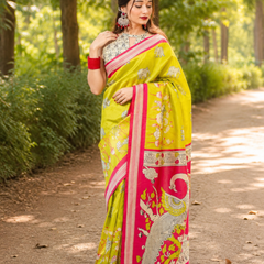 Lime Green Peacock & Elephant Print Chanderi Saree