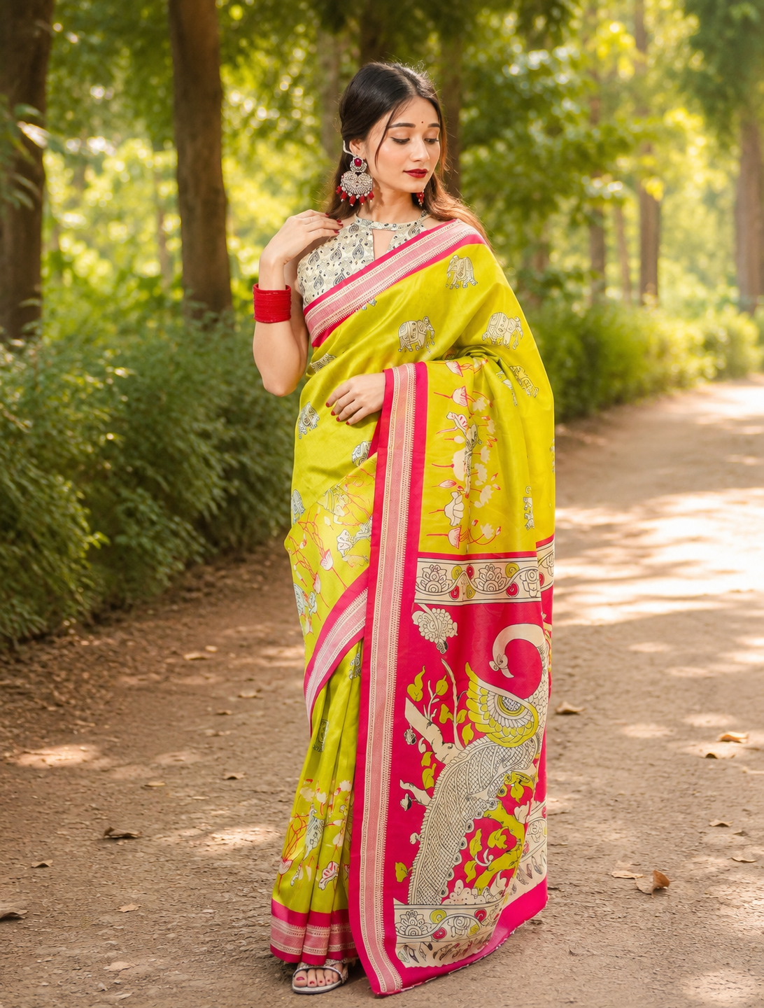 Lime Green Peacock & Elephant Print Chanderi Saree