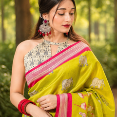 Lime Green Peacock & Elephant Print Chanderi Saree