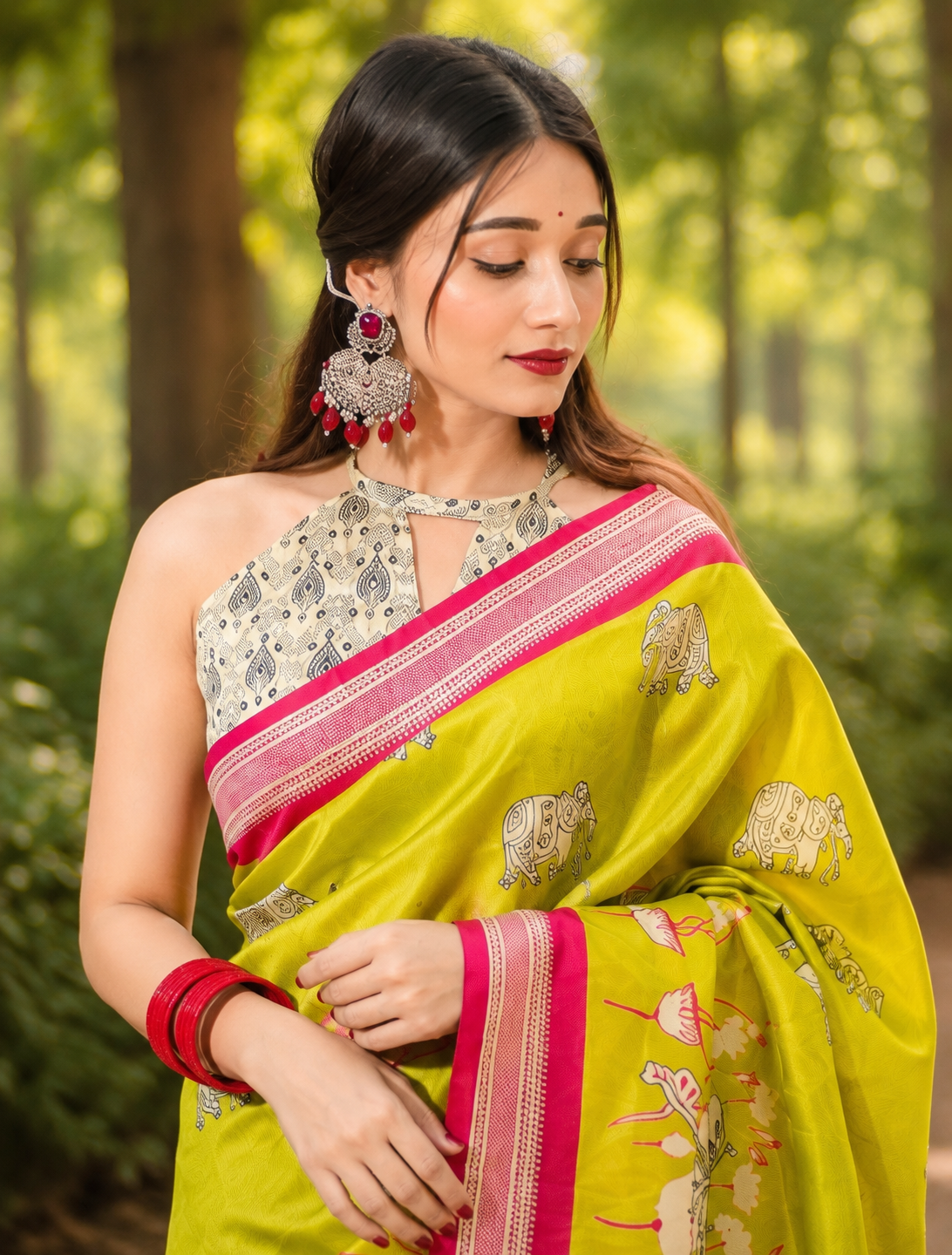 Lime Green Peacock & Elephant Print Chanderi Saree