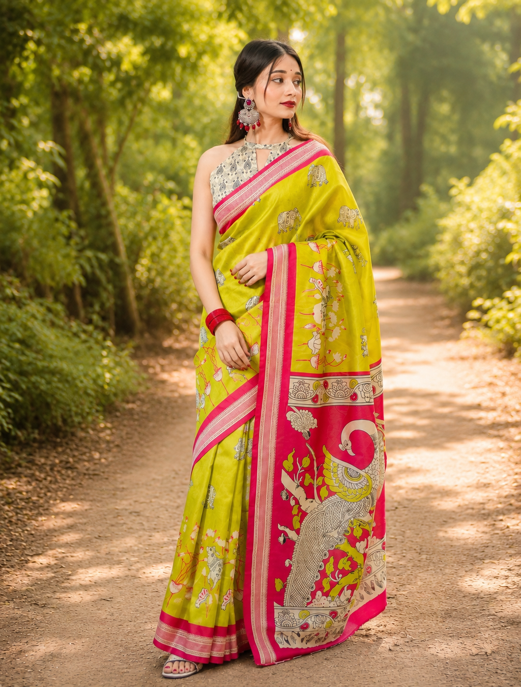 Lime Green Peacock & Elephant Print Chanderi Saree