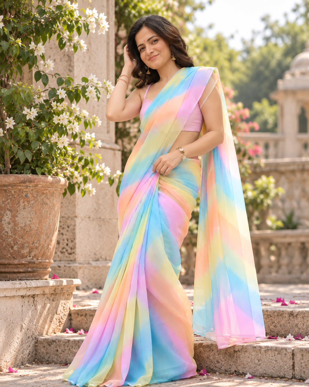 Pastel Rainbow Leheriya Chiffon Saree