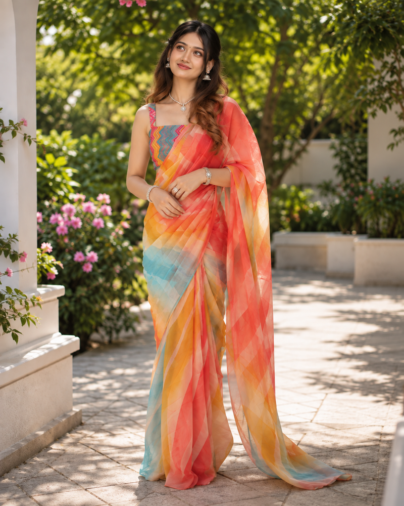 Sunset Sherbet Watercolor Striped Saree