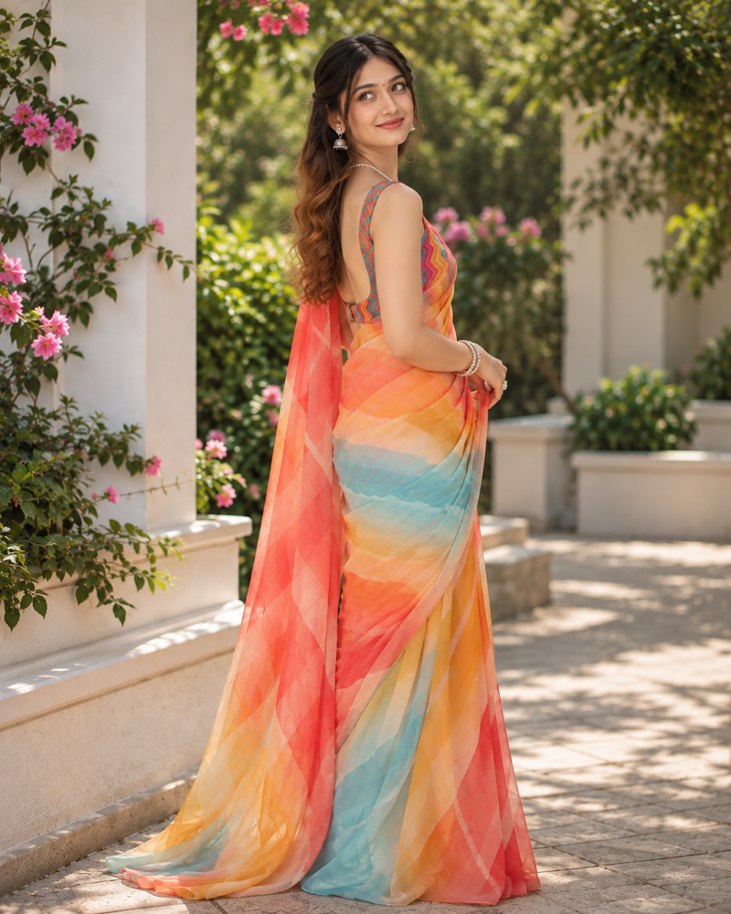Sunset Sherbet Watercolor Striped Saree