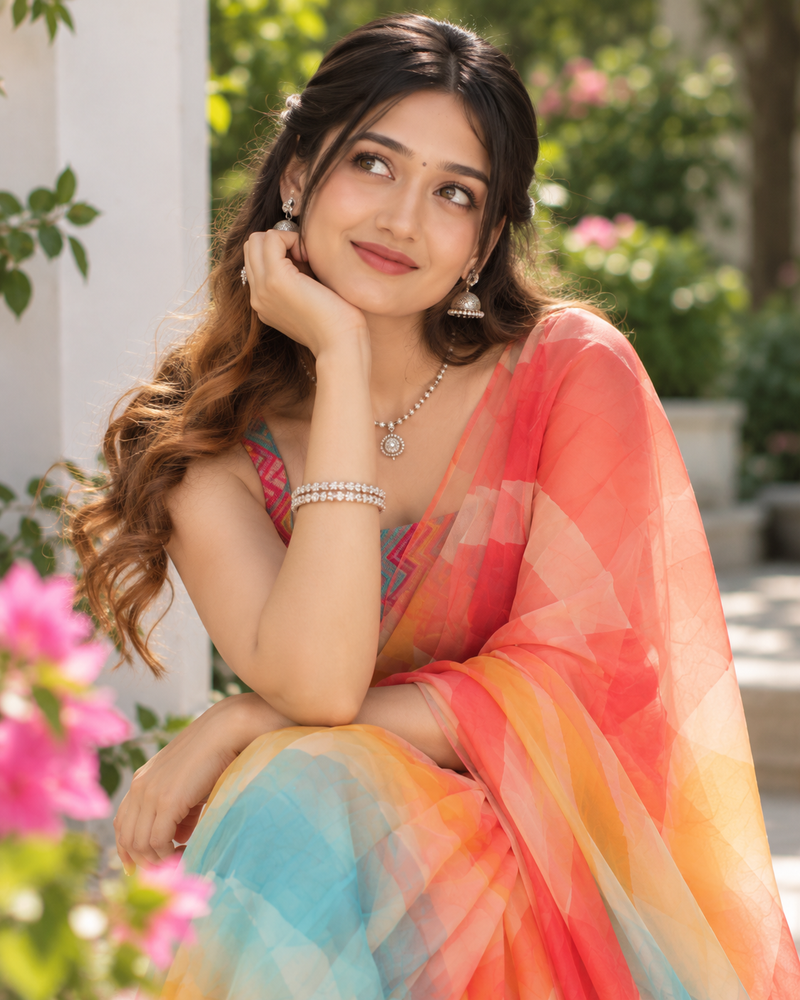 Sunset Sherbet Watercolor Striped Saree