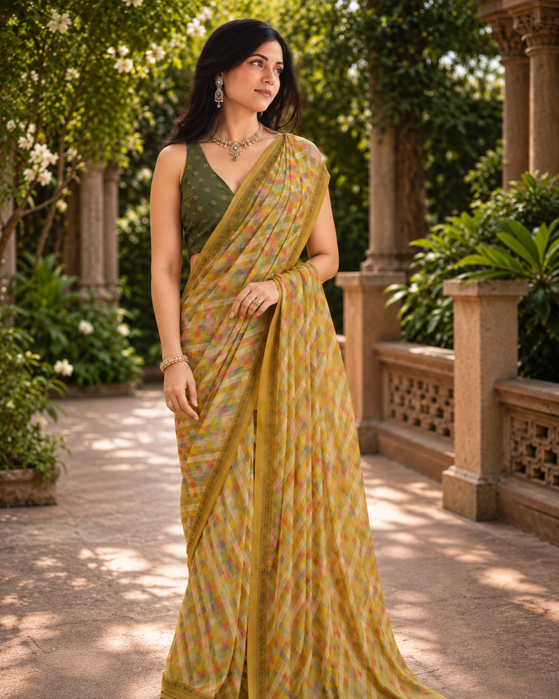 Mustard Olive Pastel Gingham Saree
